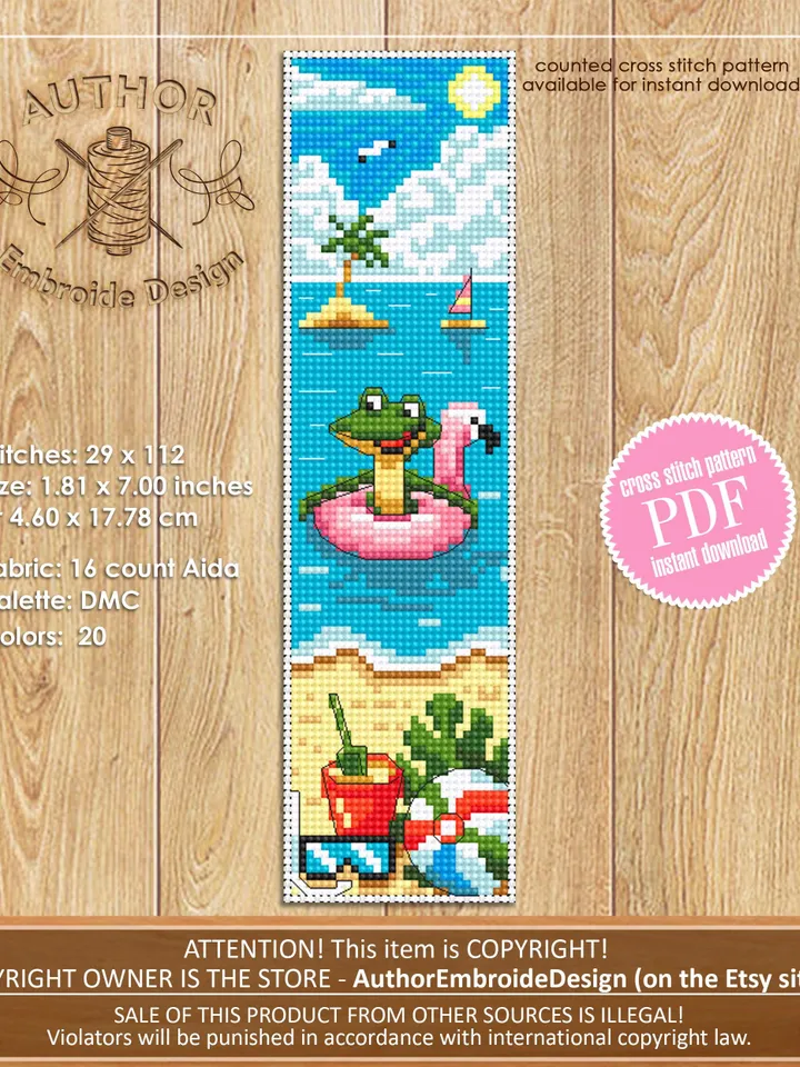 Beach bookmarks cross stitch pattern PDF download Funny frog cross stitch chart Summer bookmark set pattern digital PDF Beach vacation #B456