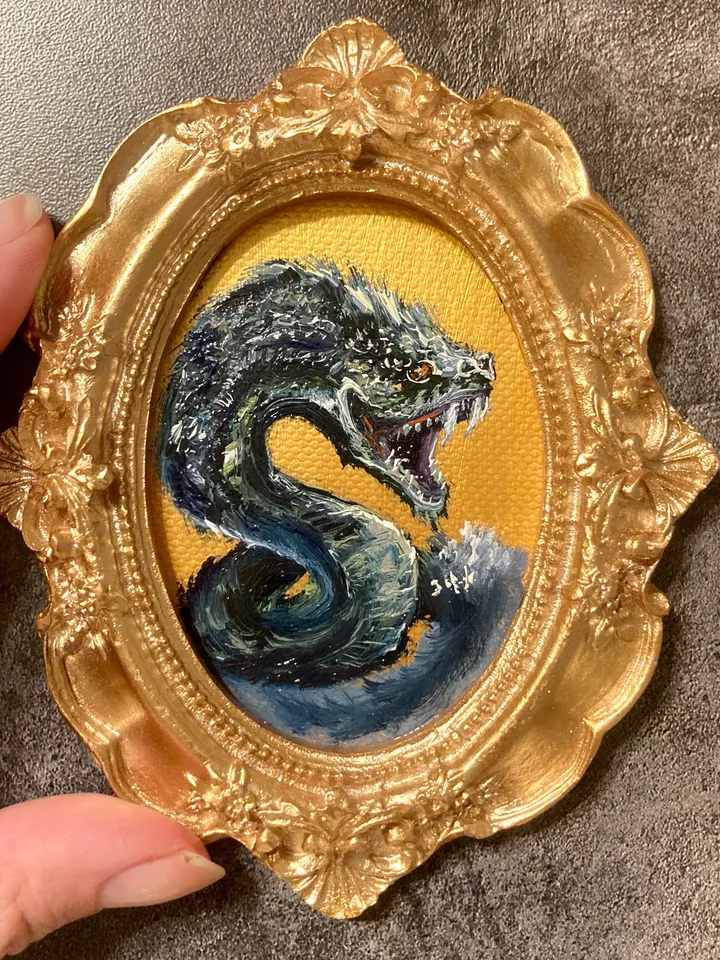 Basilisk Painting Small Original Oval Framed Art Witch Gifts Mini Gold Framed Decor, Mythical Creatures Art, Tiny Art Whimsigoth Decor