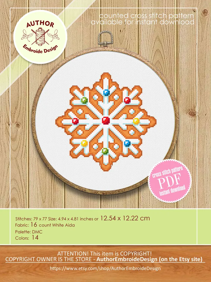 Gingerbread snowflake cross stitch pattern download PDF, Christmas gingerbread cross stitch chart, Small Christmas pattern digital PDF #N90
