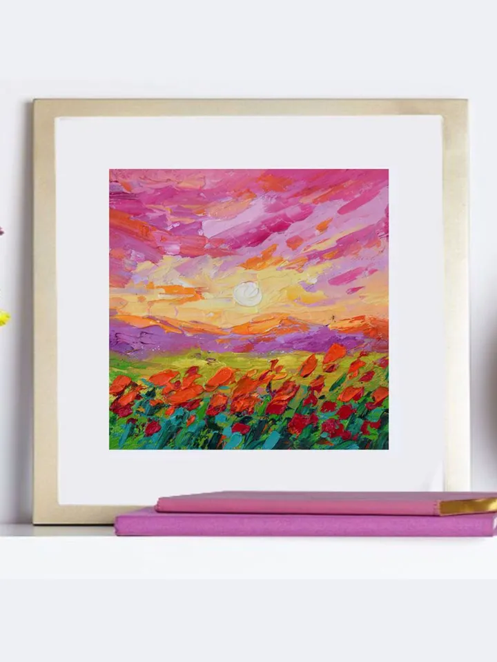 Tuscany art Sunset painting Poppy original art landscape artwork 6 by 6 in Mountain small art by Juliya JC