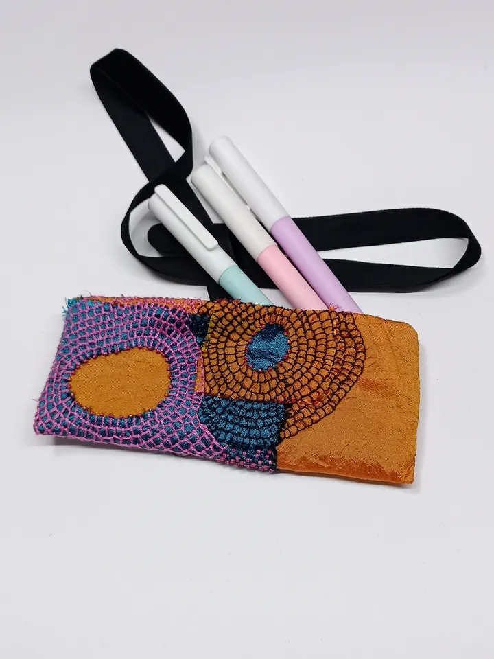 Pencil case with embroidery in Japanese boro style.