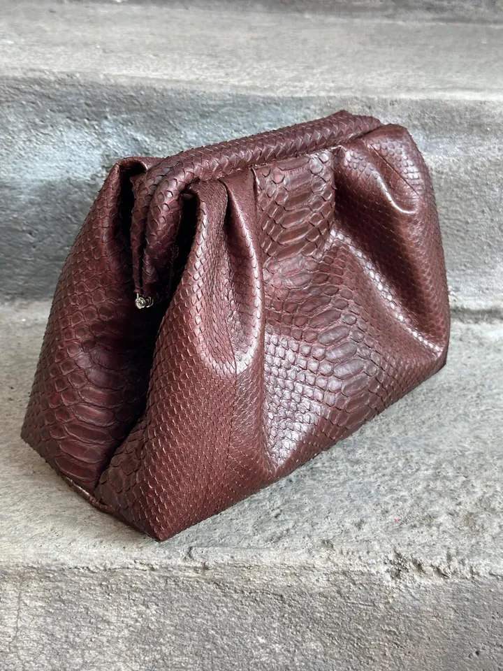 Genuine python skin brown pouch bag | exotic leather bags | medium size soft clutch | snake designer bag | gift for her | classy purse