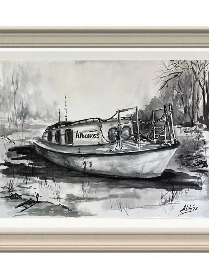 Boat painting Original watercolor painting B&W art Graphic painting Monochrome painting