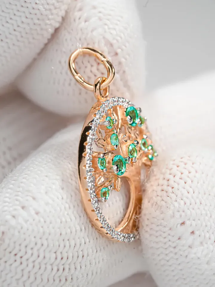 Pendant silver 925 on the neck, gold plated 585, tree of life, with paraiba stone