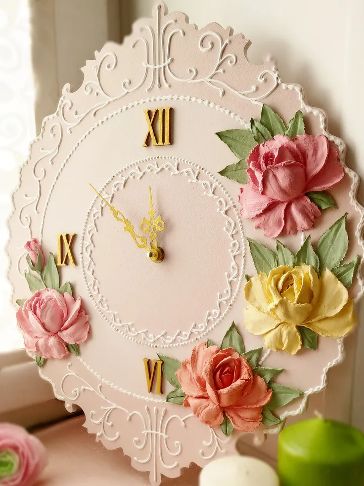 Wall clock with roses in shabby chic style Pink flower clock Handmade clock Silent clock for bedroom, living room or nursery Gift for Christmas, Birthday, Mother's Day, Wedding, Housewarming