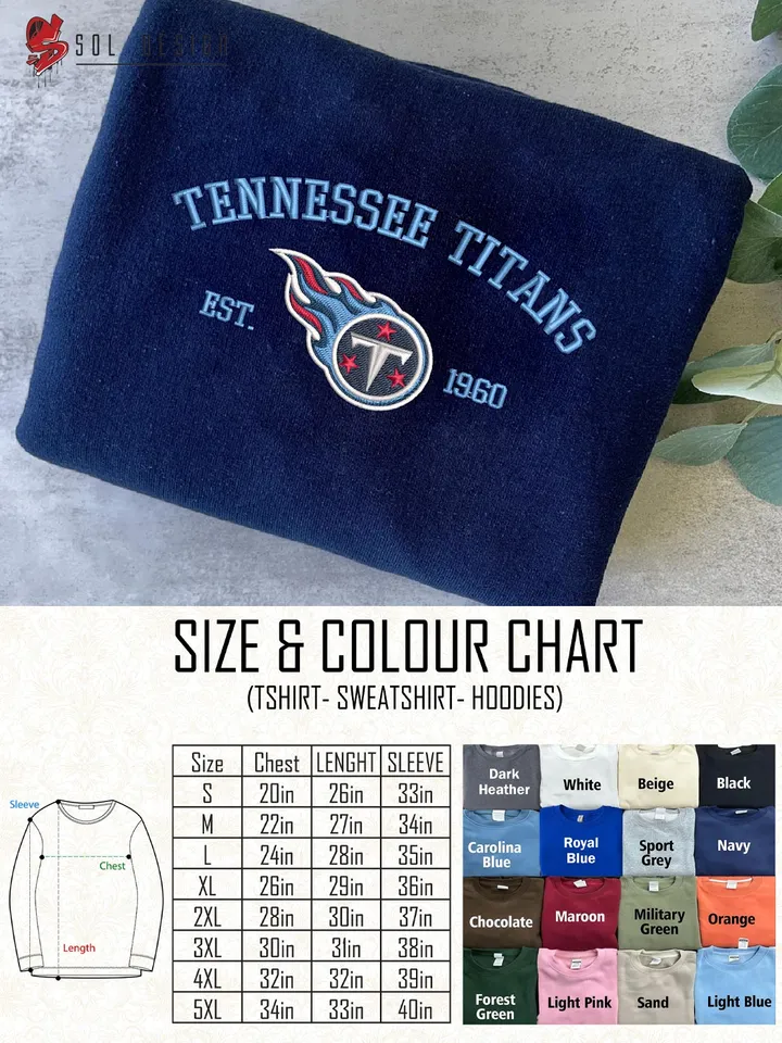 NFL Tennessee Titans Est 1960 Embroidered Sweatshirt, NFL Tennessee Titans Team Embroidered Shirt, Unisex Game Day Crewneck, Football Fan Gift Tee