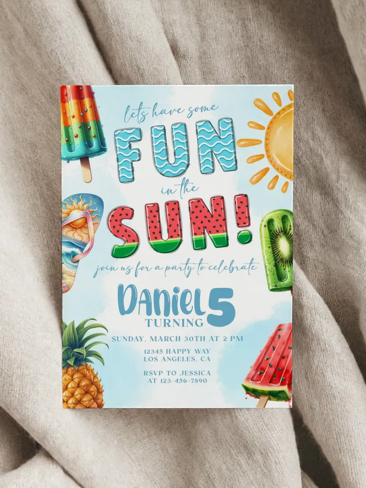 Summer Birthday Invitation, Summer Invite, Fun in the Sun Birthday Party Invitation, Ice Cream Popsicle Watermelon, Editable Template