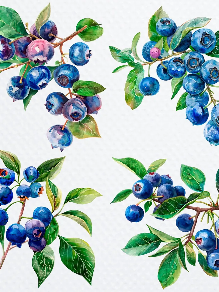 16 Blueberry PNG Clipart, Printable Watercolor Blueberry for sublimation, Blueberry Stem Print, Digital download, Paper craft, junk journals