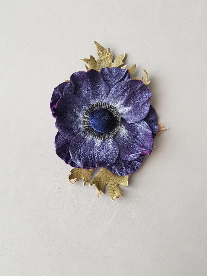 Dark blue leather brooch for her, Leather women's jewelry