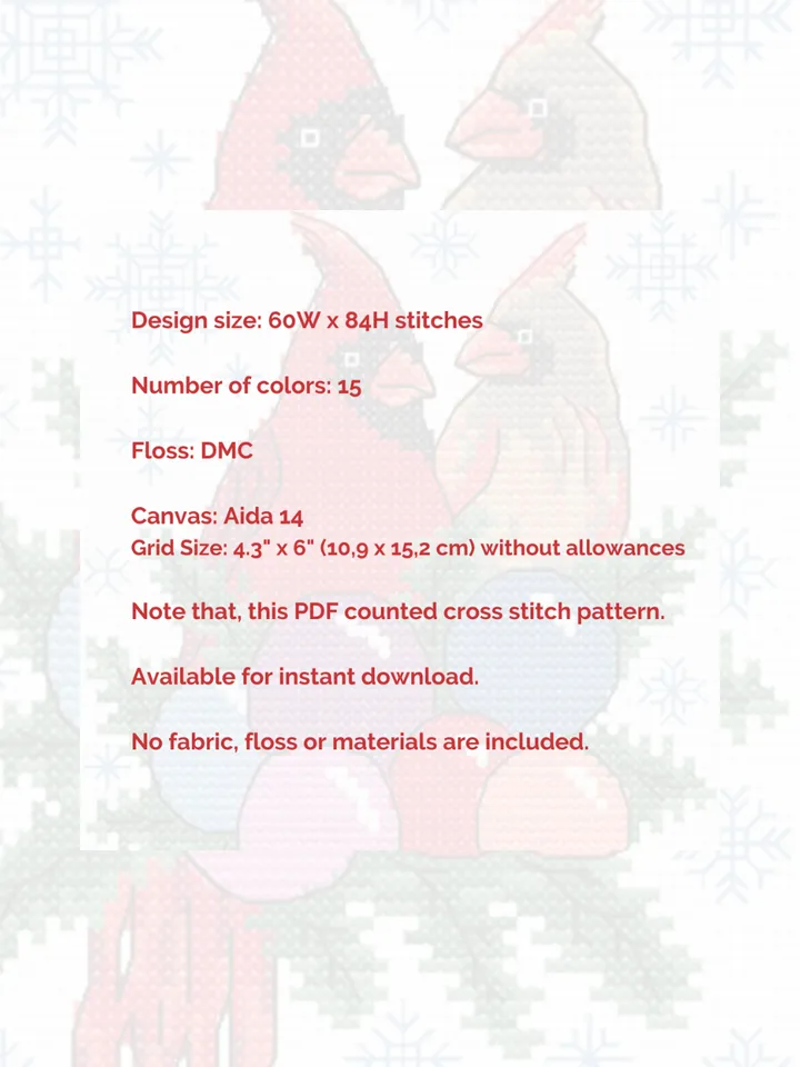 Cross stitch pattern Cardinals, Christmas cross stitch chart PDF