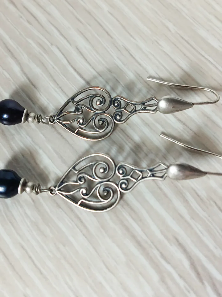 Boho Shabby chic Vintaj and Artisan Pewter permanent colored natural copper with cultured pearls beads  earrings