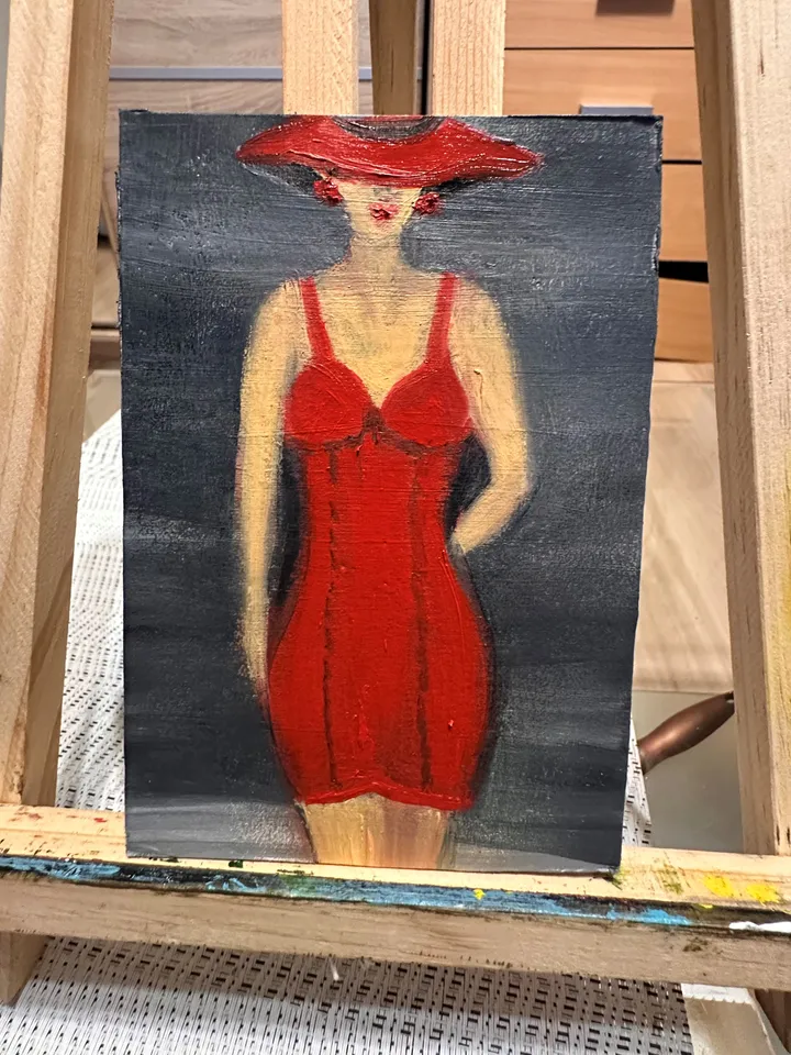 Oil Painting Lady in Red Figurative Portrait of Women People Feminist Art Cardboard 6x4 inches 15x10 cm Wall Decor