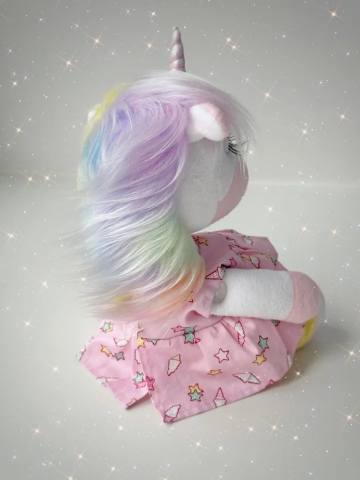 Handmade Unicorn Doll in dress. Soft plush toy. Fairy cute animal.