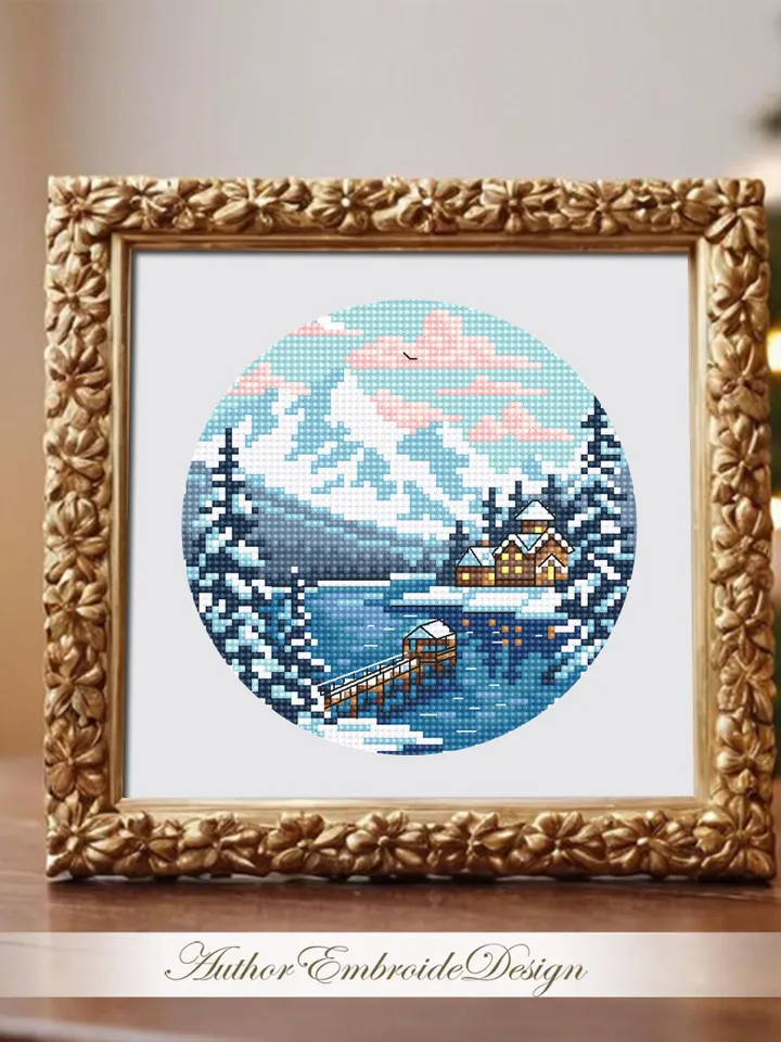 Winter nature landscape cross stitch pattern PDF download Dock lake cross stitch chart, Snow pattern digital PDF, Mountain landscape #L95