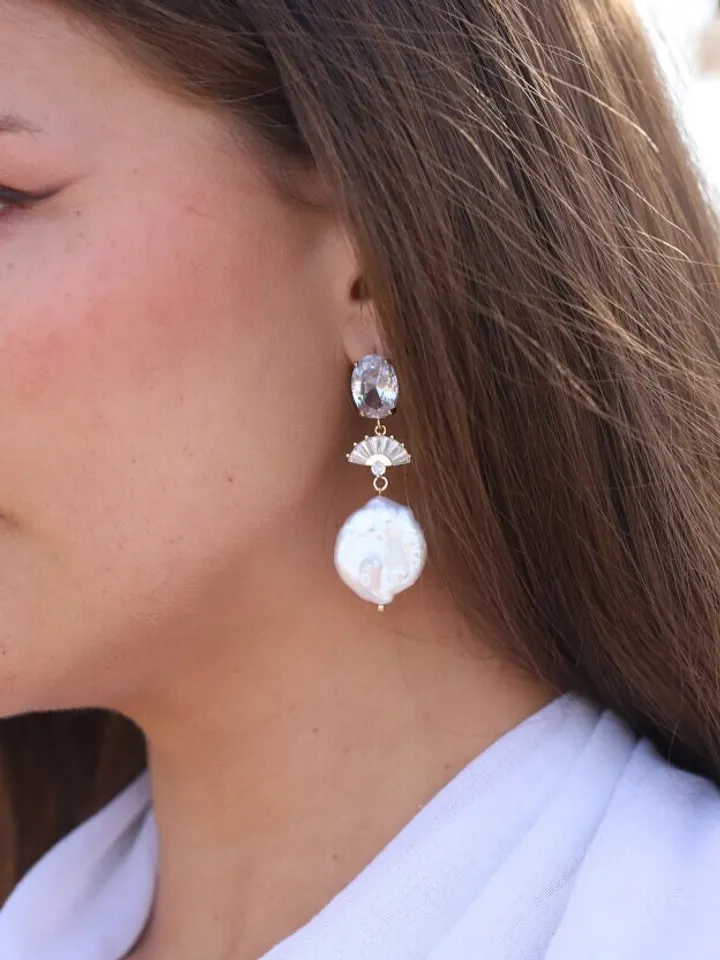 Big Baroque Pearl Art Deco Wedding Earrings, Gatsby Gold Bridal Earrings, Boho Wedding Earrings, Swarovski Statement Jewelry, 1920s Jewelry