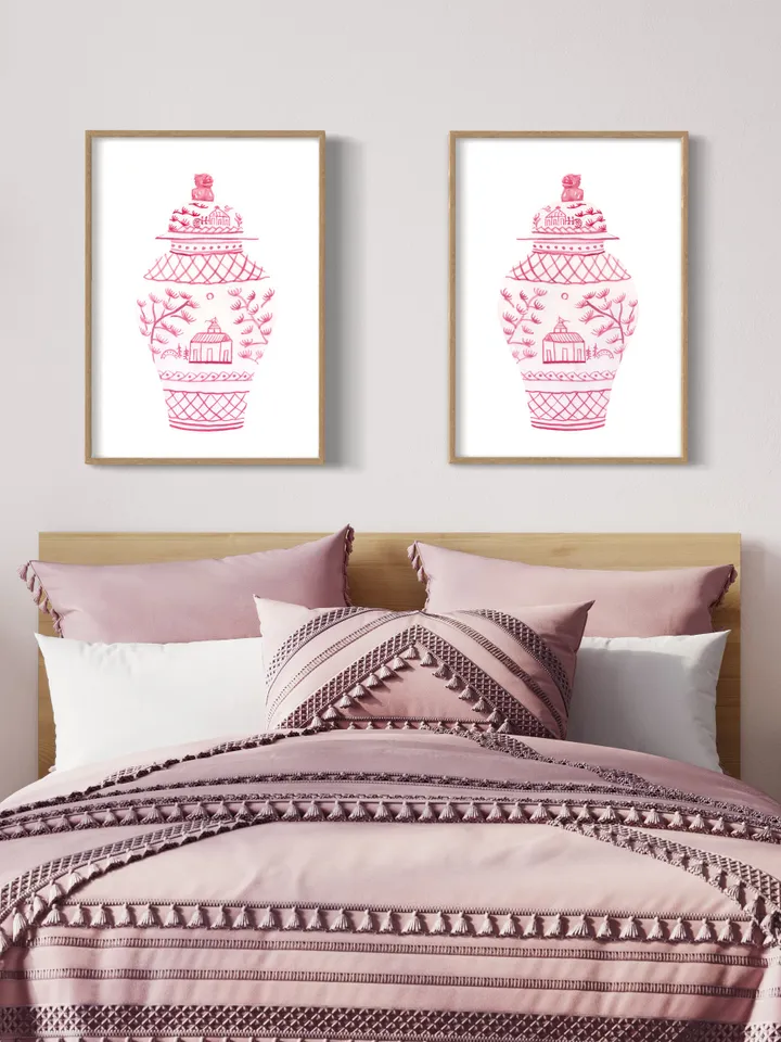 Pink Chinoiserie Set Of 2 Ginger Jar, Asian Vase Print, Dressing Room Art, Vintage Chinoiserie, Pagoda Decor Print, Chinoiserie Chic Art