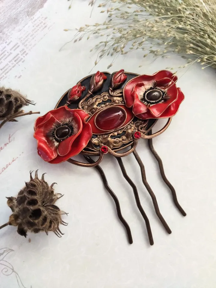 Hair clip Red poppy, Red Poppy Flower, Poppy Flower, Polymer clay Poppy