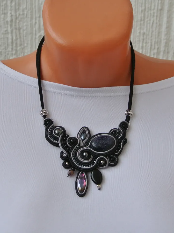 Black Statement necklace with Aventurine stone, Soutache embroidered necklace with natural stone