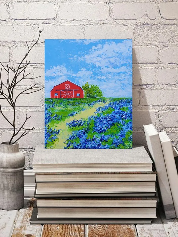 Red Barn Painting Bluebonnet Original Art Floral Wall Art Landscape Artwork