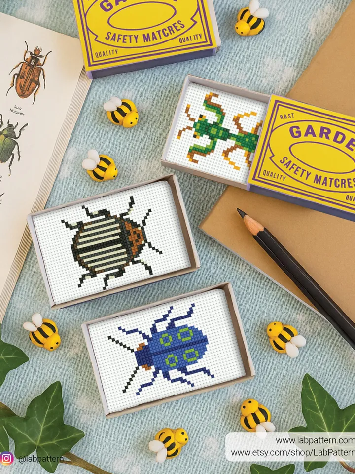 Bundle mini Insects 5 Cross stitch patterns, contemporary, Bug Beetle, Tiny Small, beginner, modern chart, gift DIY, embroidery, instant PDF