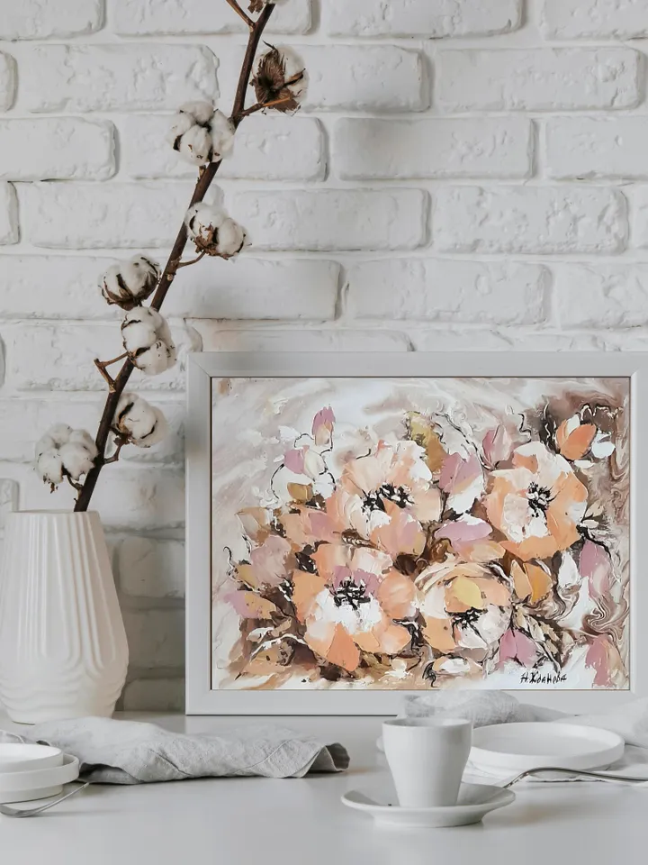 Original oil painting impasto flowers with palette knife
