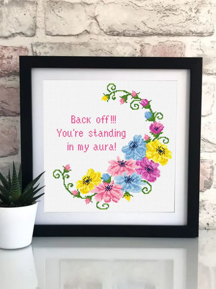 Funny framed quote cross stitch pattern PDF Floral frame cross stitch chart, Flower wreath cross stitch Instant download PDF, Back off #Q33