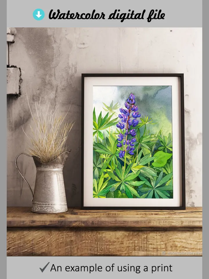 Watercolor digital print Purple Lupine Flowers, wildflowers