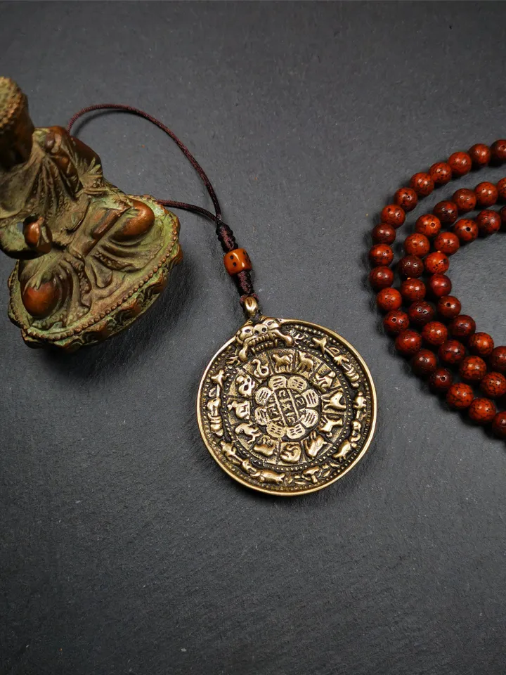 Gandhanra Acient Tibetan Buddhist Amulet,Melong Mirror,Calendar Badge,SIPAHO(srid pa ho),Made of Brass,Unique Kirtimukha Head,2.0"
