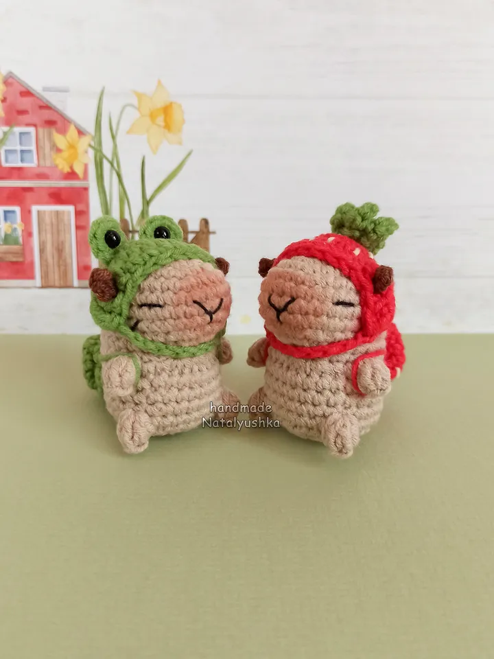 Capybara toy in costume, Capybara frog, Capybara strawberry, Crocheted small Capybara, Kawaii.