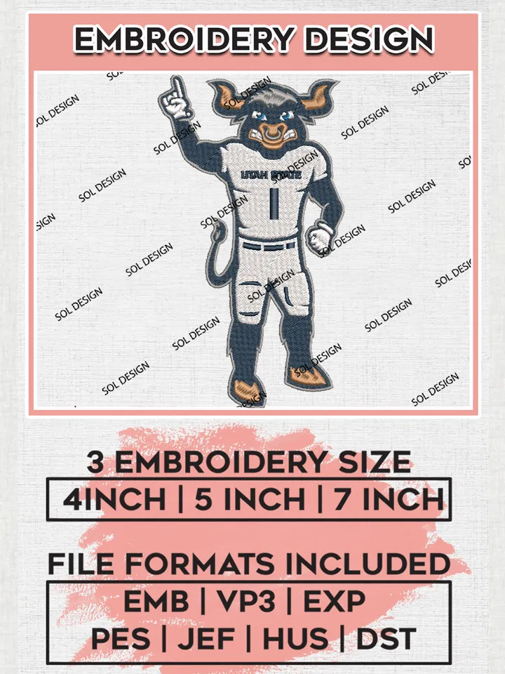 Utah State Aggies Team Funny Mascot Logo Embroidery Design Files, NCAA Utah State Aggies Machine Embroidery, NCAA Teams, 3 sizes, NCAA Machine embroidery designs, Digital Download