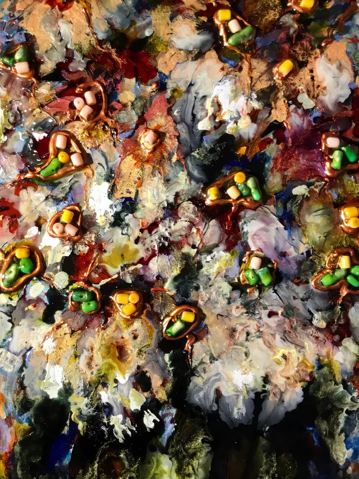 Abstract chrysanthemums in a vase,stained glass painting,fantasy glass flowers decorated with faux coral beads,unique handmade gift.
