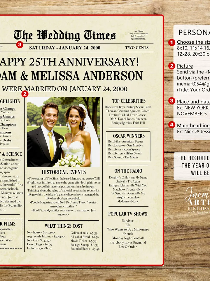 25th wedding anniversary gift for couple, 25th anniversary gifts for husband, 25 year wedding anniversary gift, 2000 anniversary newspaper