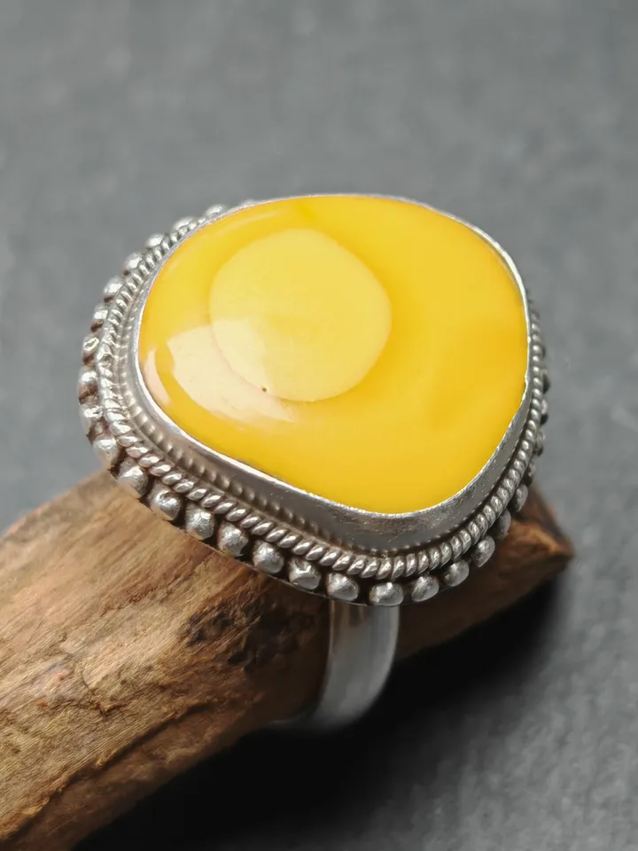 Gandhanra Unique Handmade Tibetan Silver Ring | Random Sahpe Amber Ring | Adjustable Size | Protection Jewelry