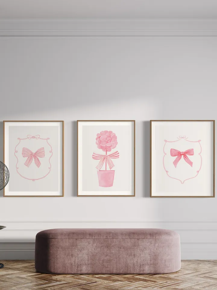 Pink Bow Set Of 3 Watercolor Painting, Nursery Room, Pink Watercolor Bow, Baby Girl Gift, Pink Bow Wall Art,Girly Wall Art,Coquette Pink Bow