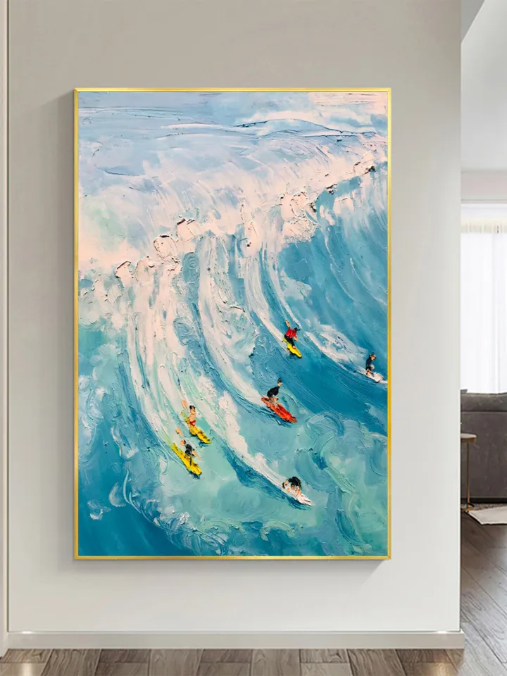 Original Surf Painting on Canvas Custom Painting Texture Wall Art Personalized Gift Blue Ocean Waves Nature Scenery Art Bedroom Wall Decor