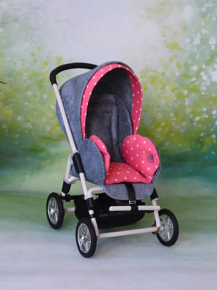 Miniature toy stroller for dolls in 1/6 scale. Accessories for small dolls and poupins. Pram for Barbie doll.
