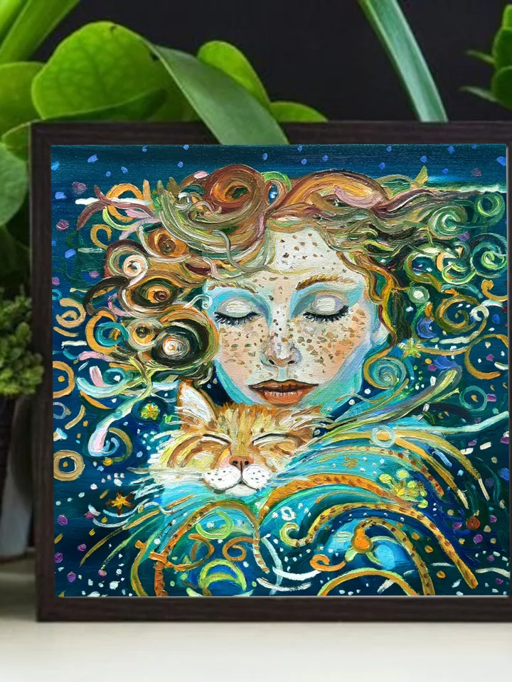 Woman and Red Cat Original Oil Painting Oil on canvas 12*12