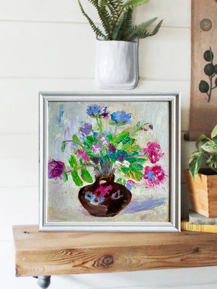 Flower Painting, Framed Original Oil painting, Wildflower Wall Art, Colorful Floral Art