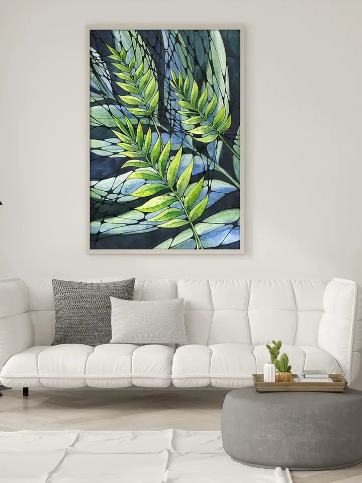 Watercolor poster with abstract leaves , Watercolor digital file JPEG, Printable, Blue-green painting, Art print, Graphics