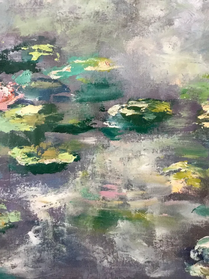 Waterlillies pond large canvas,original oil painting on unstretched canvas,Monet inspired,foggy landscape,home decoration wall hanging.