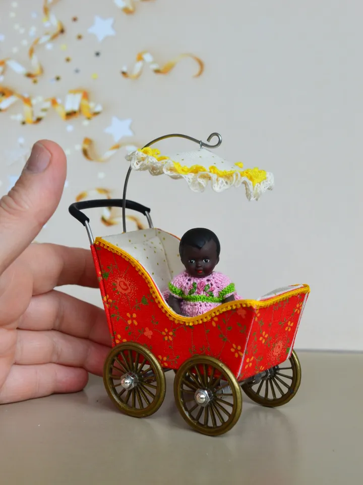 Miniature toy stroller for a little doll. Handmade miniature stroller for small dolls. Stroller for dolls 2,76"(7 cm.)