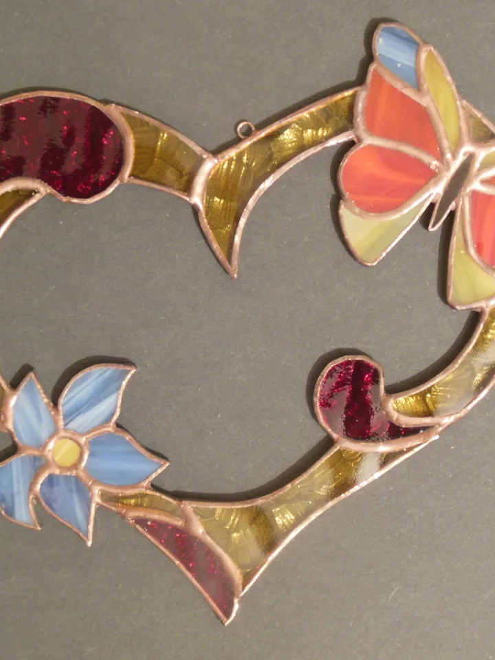 Valentine Heart with Flower and Butterfly . Red Yellow Blue . Art Stained glass window hanging Suncatcher