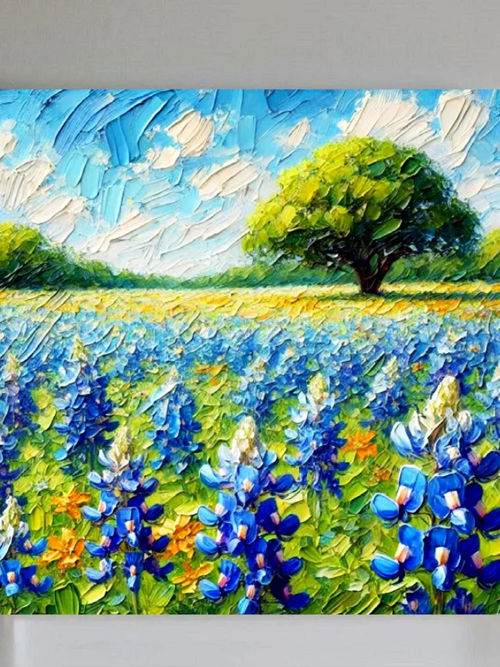 Texas Bluebonnets Painting Flowers Original Art Oak Tree Impasto Oil Painting National Park Painting Landscape Blue Art Impressionist Gifts