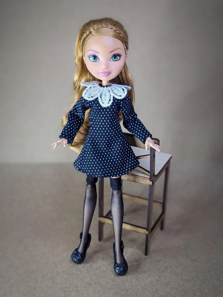 Handmade polka dot black mini dress for 10.5-inch female dolls (MH, EAH)