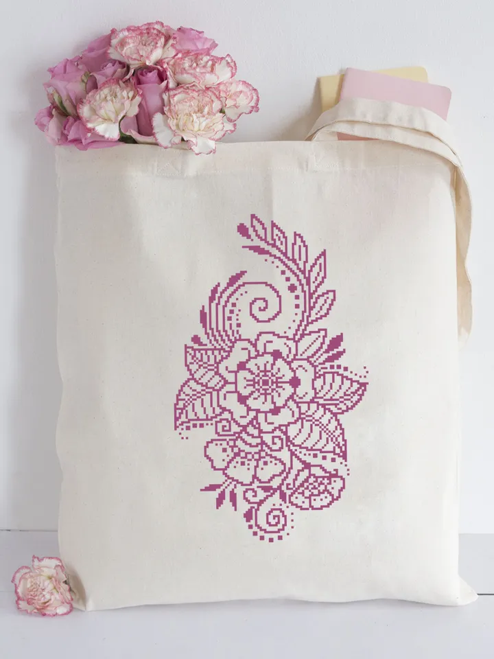 Monochrome floral cross stitch pattern download PDF, Flower mandala cross stitch, Modern beginner stitch, Floral ornament embroidery #M135
