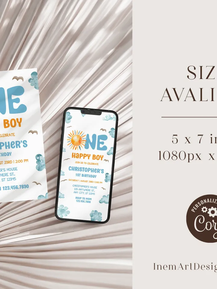 One Happy Boy Birthday Invite, First Birthday Evite, First Birthday Invitation, Phone Invite, 1st Birthday Invitation I120