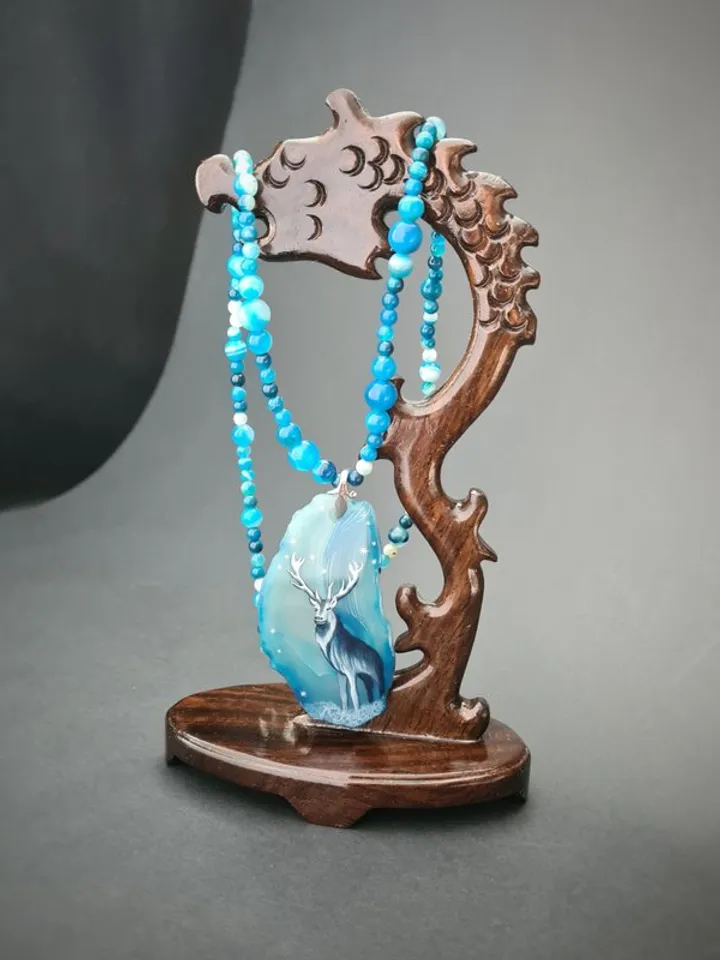 Deer necklace Agate necklace Real oil painting of deer Lacquer miniature