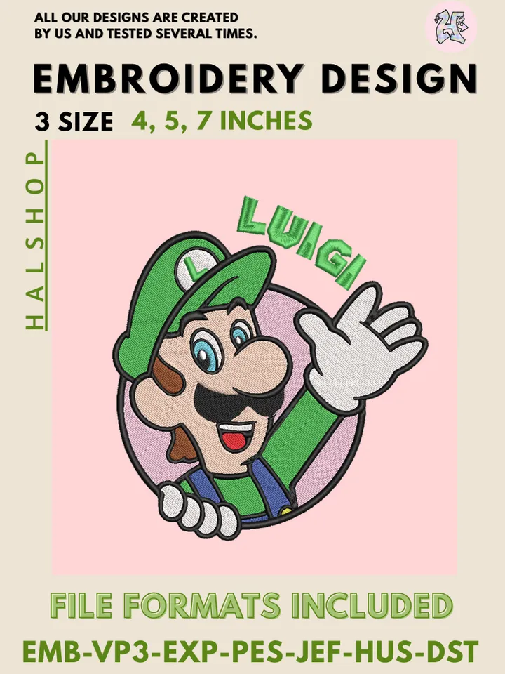 Luigi, Super Mario Machine Embroidery Design – Nintendo Cartoon Digital Embroidery File