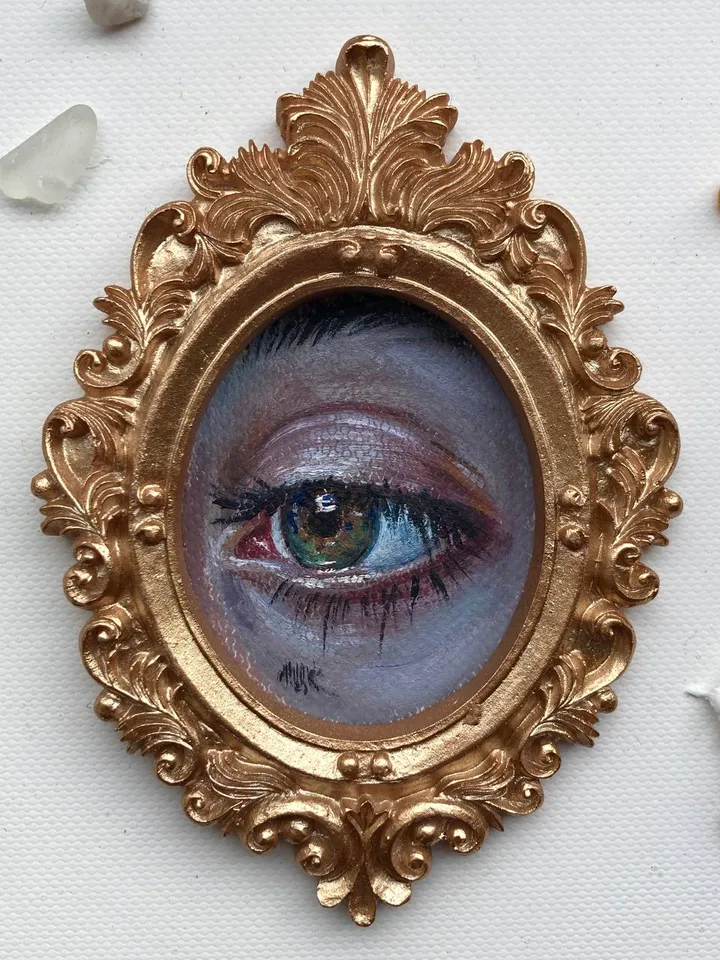 Original Framed Lover's Eye Antique Painting Illustration Vintage Style Small
