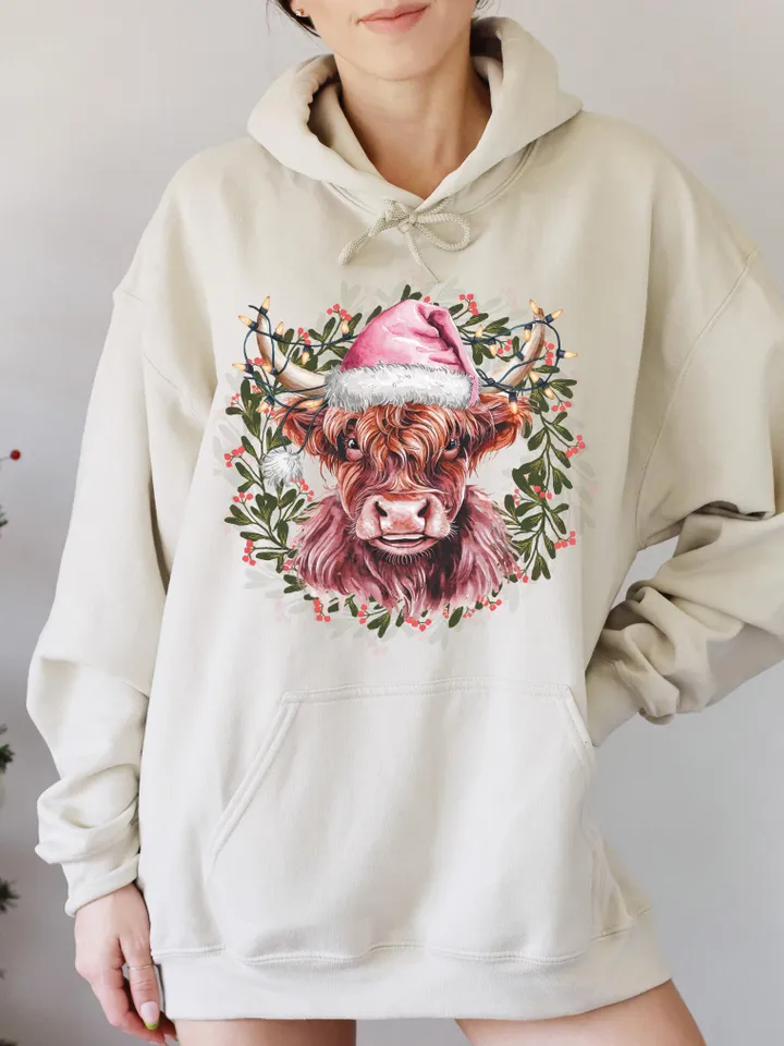Highland Cow png,Christmas Lights PNG,Farm Animal Christmas PNG,Farmer Christmas png, Western png, Christmas png, pink country Christmas png